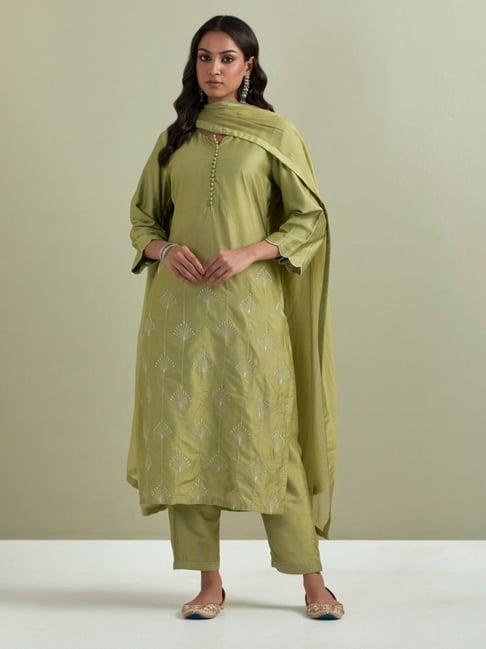 priya chaudhary green ambrosia embroidered chanderi silk kurta with pants