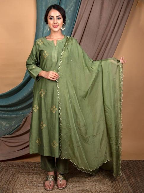 priya chaudhary green embroidered chanderi silk kurta with pants