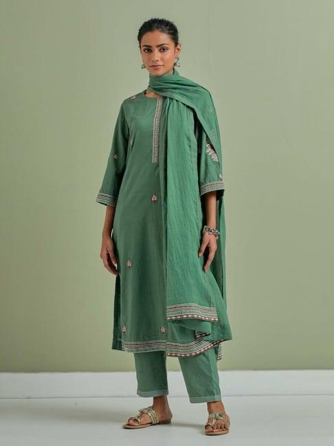 priya chaudhary green lara embroidered cotton kurta with pants and kota cotton dupatta