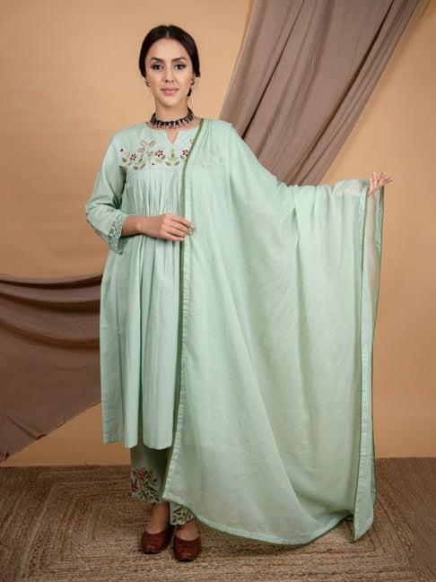 priya chaudhary green nargis hand embroidered cotton kurta with pants and kota cotton dupatta