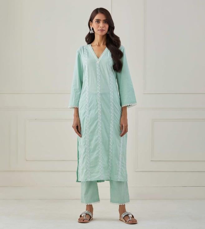 priya chaudhary green sudha embroidered cotton kurta with pants