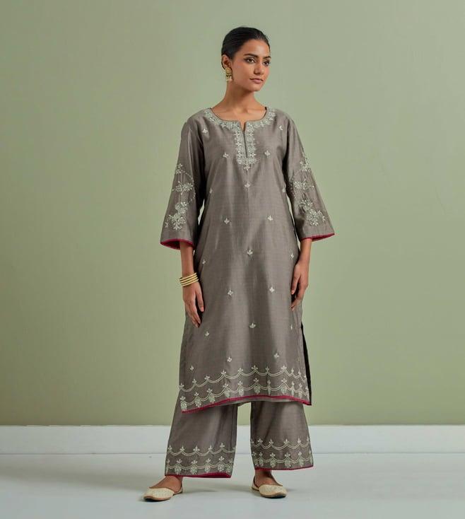 priya chaudhary grey qainat embroidered chanderi silk kurta with palazzo