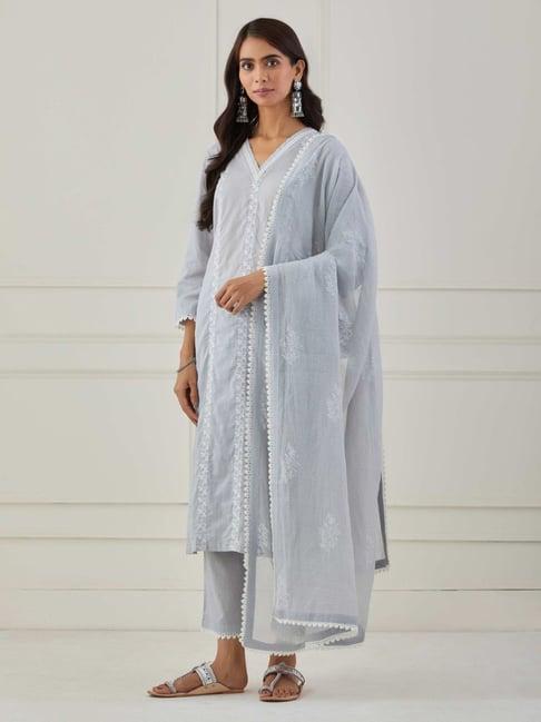 priya chaudhary grey sudha embroidered cotton kurta with pants and kota cotton dupatta