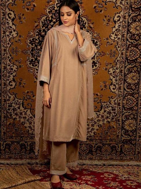 priya chaudhary light brown naaz embroidred silk velvet kurta with pants
