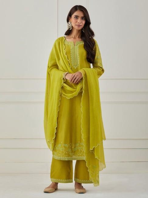 priya chaudhary lime green bandhan embroidered chanderi silk kurta with pants and dupatta