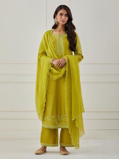 priya chaudhary lime green bandhan embroidered chanderi silk kurta with pants