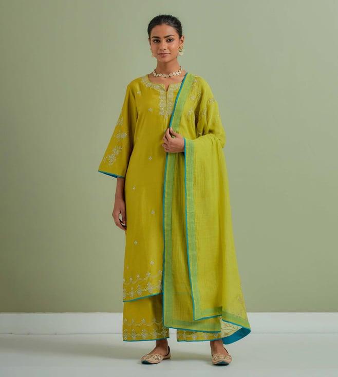 priya chaudhary lime green qainat embroidered chanderi silk kurta with palazzo and chanderi dupatta