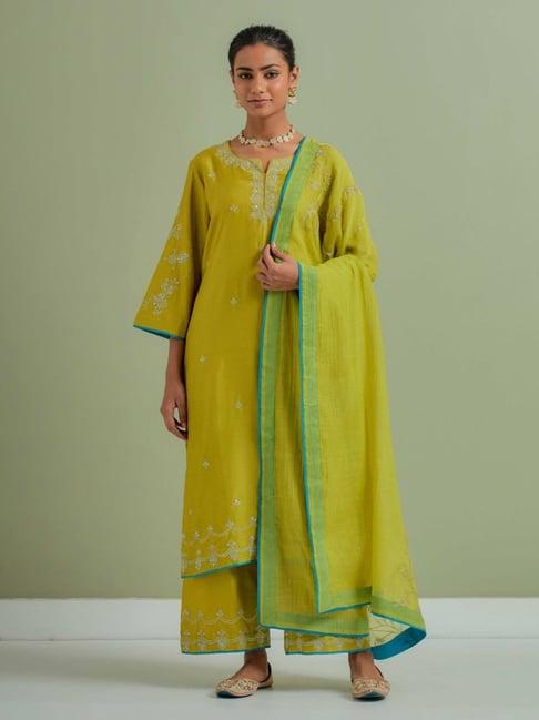 priya chaudhary lime green qainat embroidered chanderi silk kurta with palazzo and chanderi dupatta