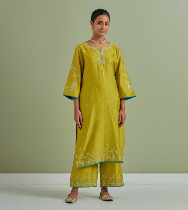 priya chaudhary lime green qainat embroidered chanderi silk kurta with palazzo