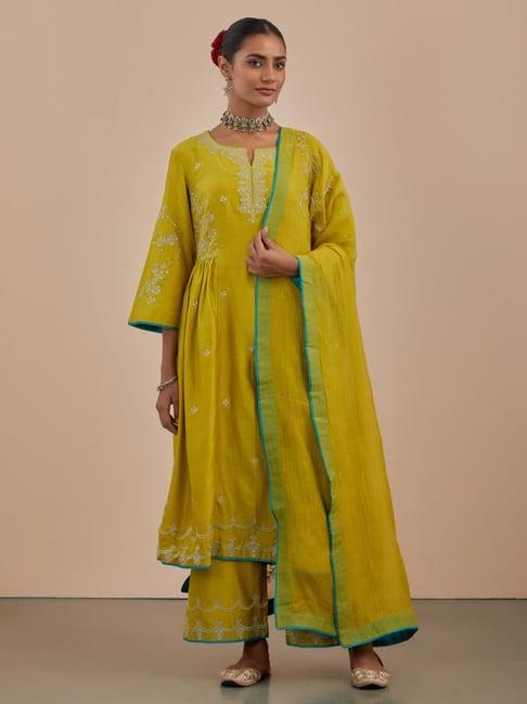 priya chaudhary lime green saher embroidered chanderi silk kurta with pants and dupatta