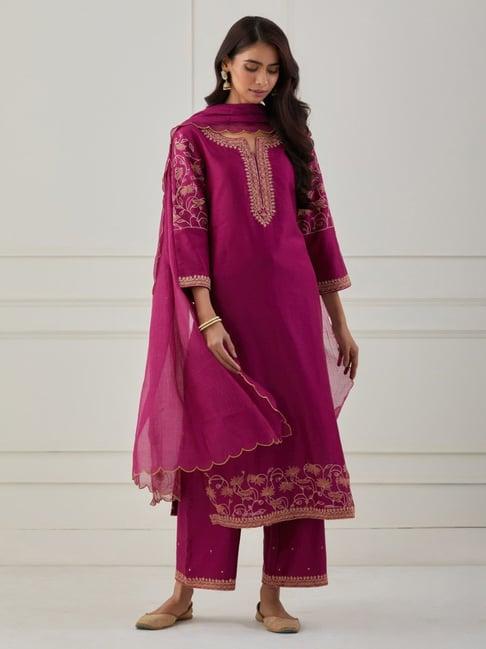 priya chaudhary magenta bandhan embroidered chanderi silk kurta with pants and dupatta