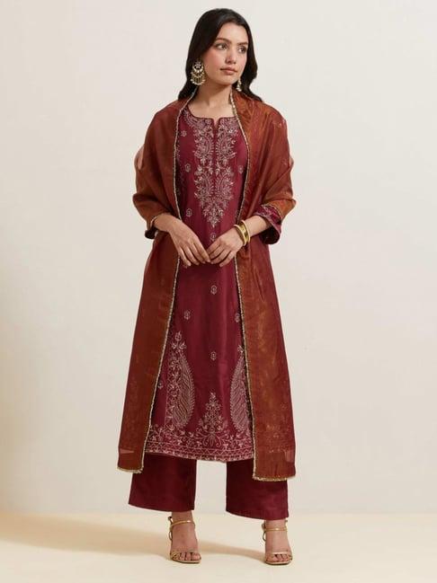 priya chaudhary maroon afreen embroidered chanderi silk kurta with pants and shimmer organza dupatta