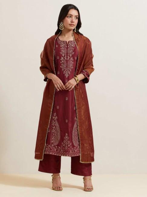 priya chaudhary maroon afreen embroidered chanderi silk kurta with pants