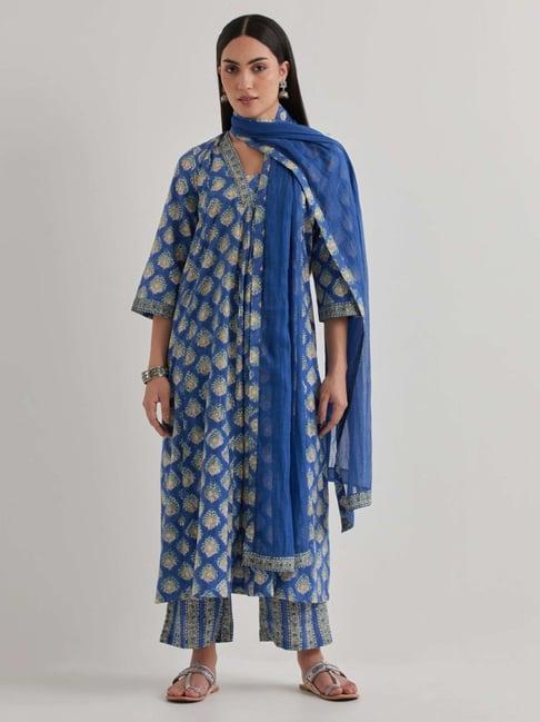priya chaudhary navy blue varsha cotton printed gathered kurta with pants