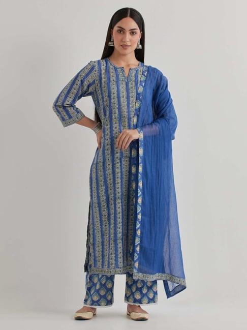 priya chaudhary navy blue varsha cotton printed straight kurta with pants