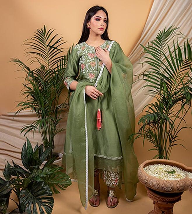 priya chaudhary olive green meera embroidery chanderi silk kurta with pants and organza dupatta