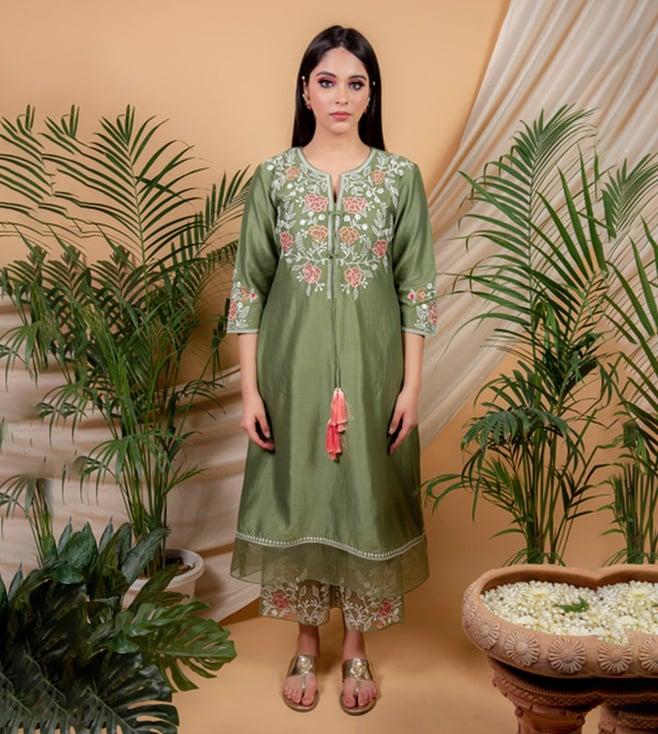 priya chaudhary olive green meera embroidery chanderi silk kurta with pants