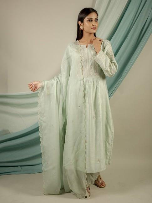 priya chaudhary pasta green leela chanderi silk kurta with silk pants and organza dupatta