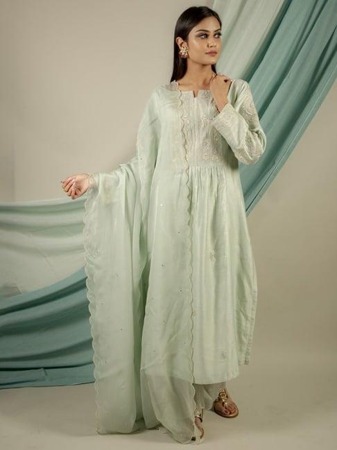 priya chaudhary pasta green leela embroidery chanderi silk kurta with pants