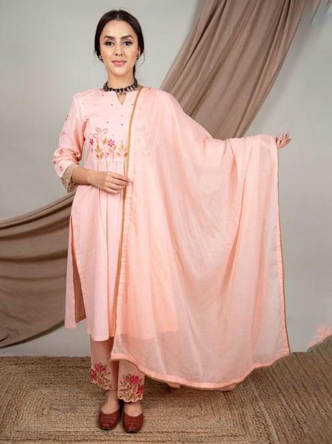 priya chaudhary peach nargis hand embroidered cotton kurta with pants and kota cotton dupatta