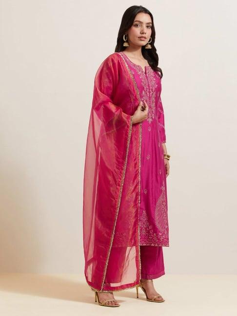 priya chaudhary pink afreen embroidered chanderi silk kurta with pants and shimmer organza dupatta