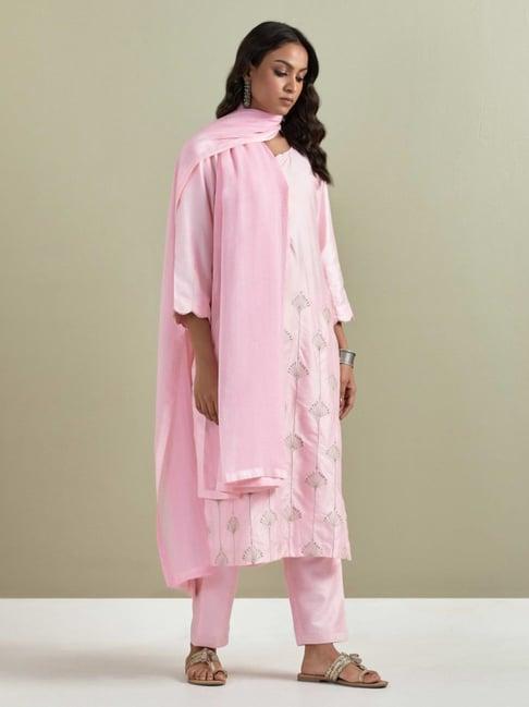 priya chaudhary pink ambrosia embroidered chanderi silk kurta with pants and kota cotton dupatta