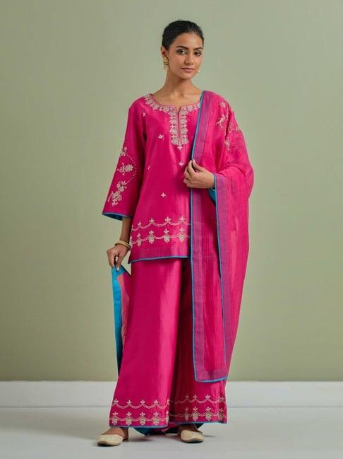 priya chaudhary pink qainat embroidered chanderi silk kurta with palazzo and chanderi dupatta