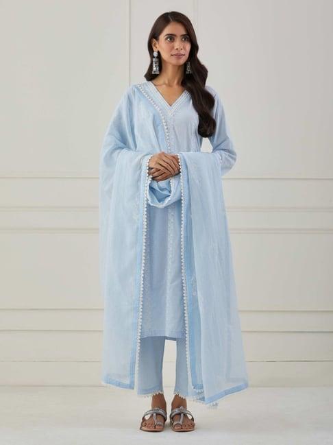 priya chaudhary powder blue sudha embroidered cotton kurta with pants and kota cotton dupatta