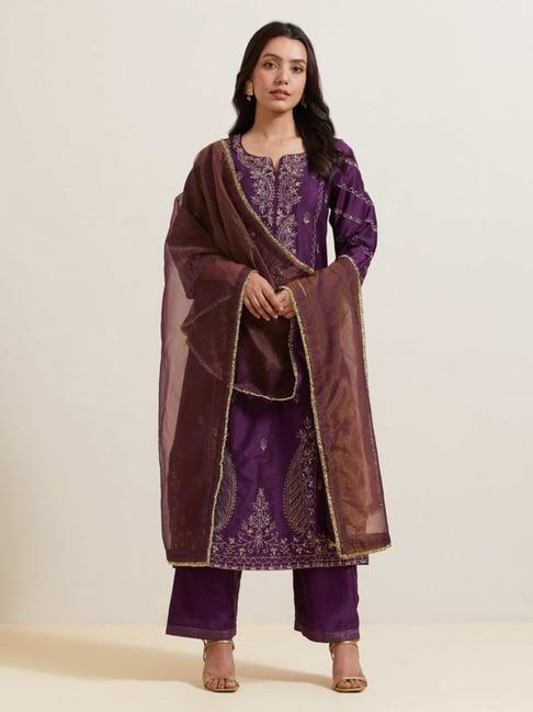 priya chaudhary purple afreen embroidered chanderi silk kurta with pants and shimmer organza dupatta