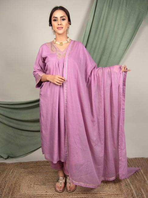 priya chaudhary purple rumi hand embroidery modal cotton kurta with poplin cotton pants
