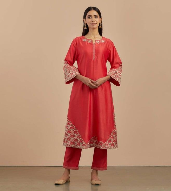 priya chaudhary red preet embroidered chanderi silk kurta with silk pants