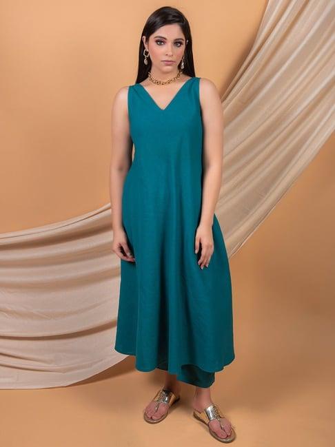 priya chaudhary teal blue umber cotton linen a-line dress and pant