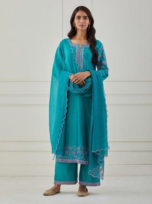 priya chaudhary turquoise bandhan embroidered chanderi silk kurta with pants and dupatta