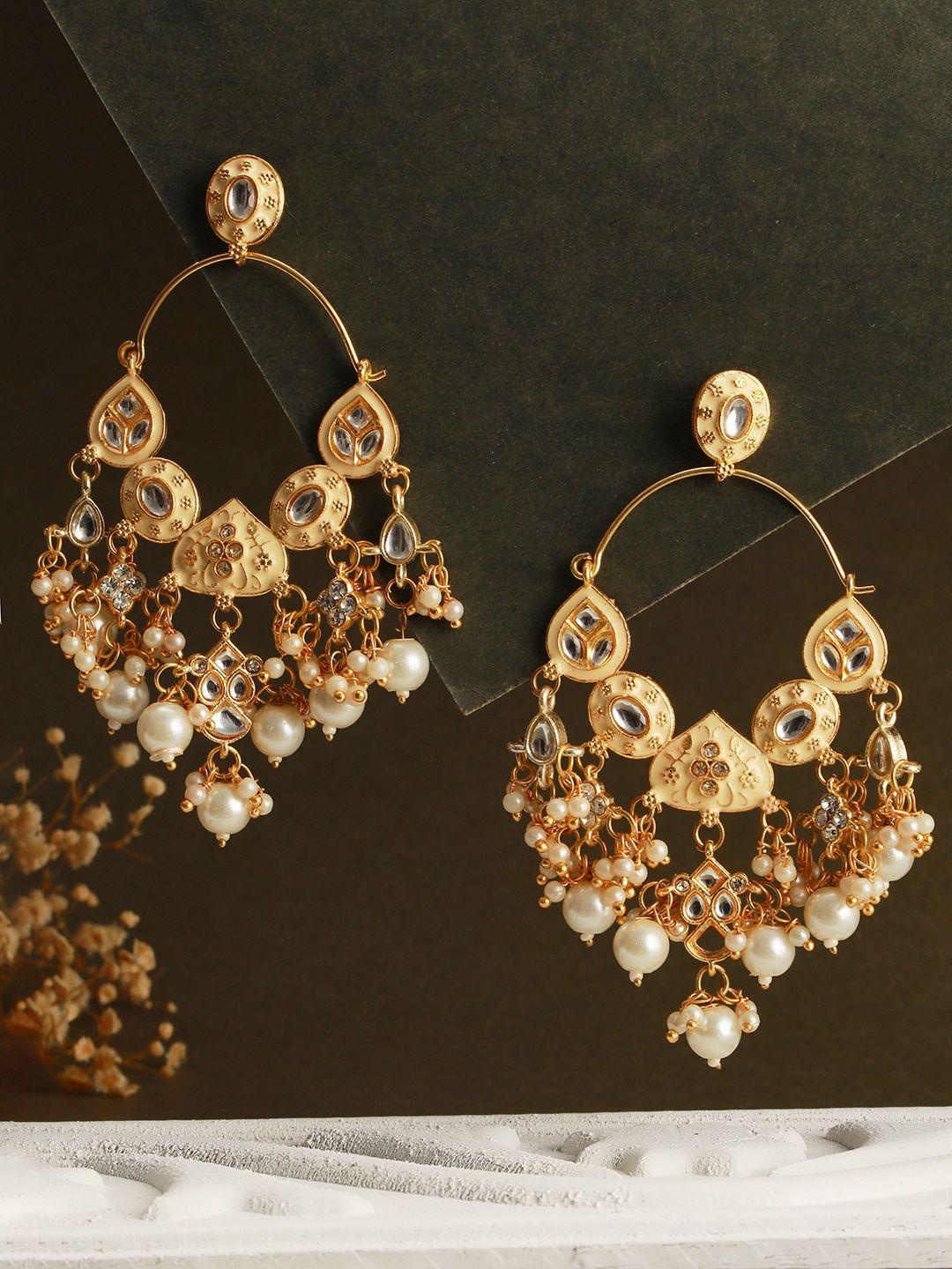 priyaasi gold-plated contemporary kundan studded & beaded drop earrings