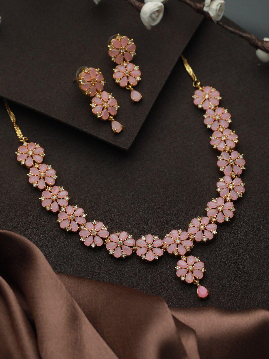 priyaasi gold-plated pink ad-studded floral jewellery set