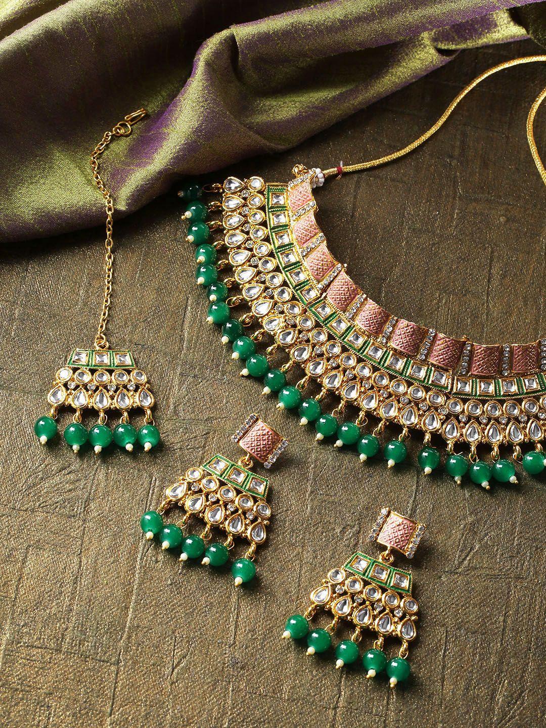 priyaasi green & pink gold-plated kundan-studded handcrafted jewellery set