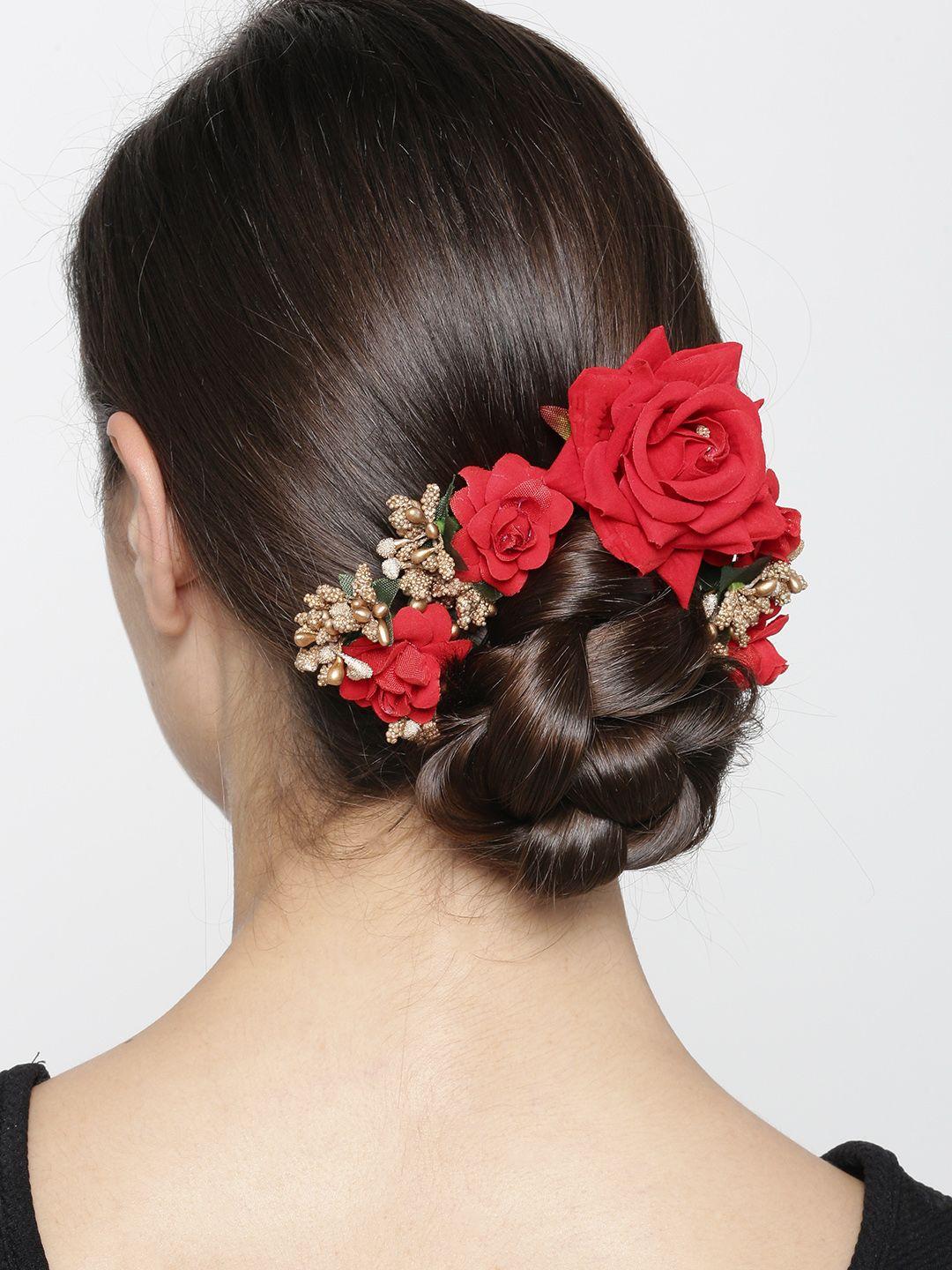 priyaasi red & gold-toned handcrafted beaded floral hair bun accessory