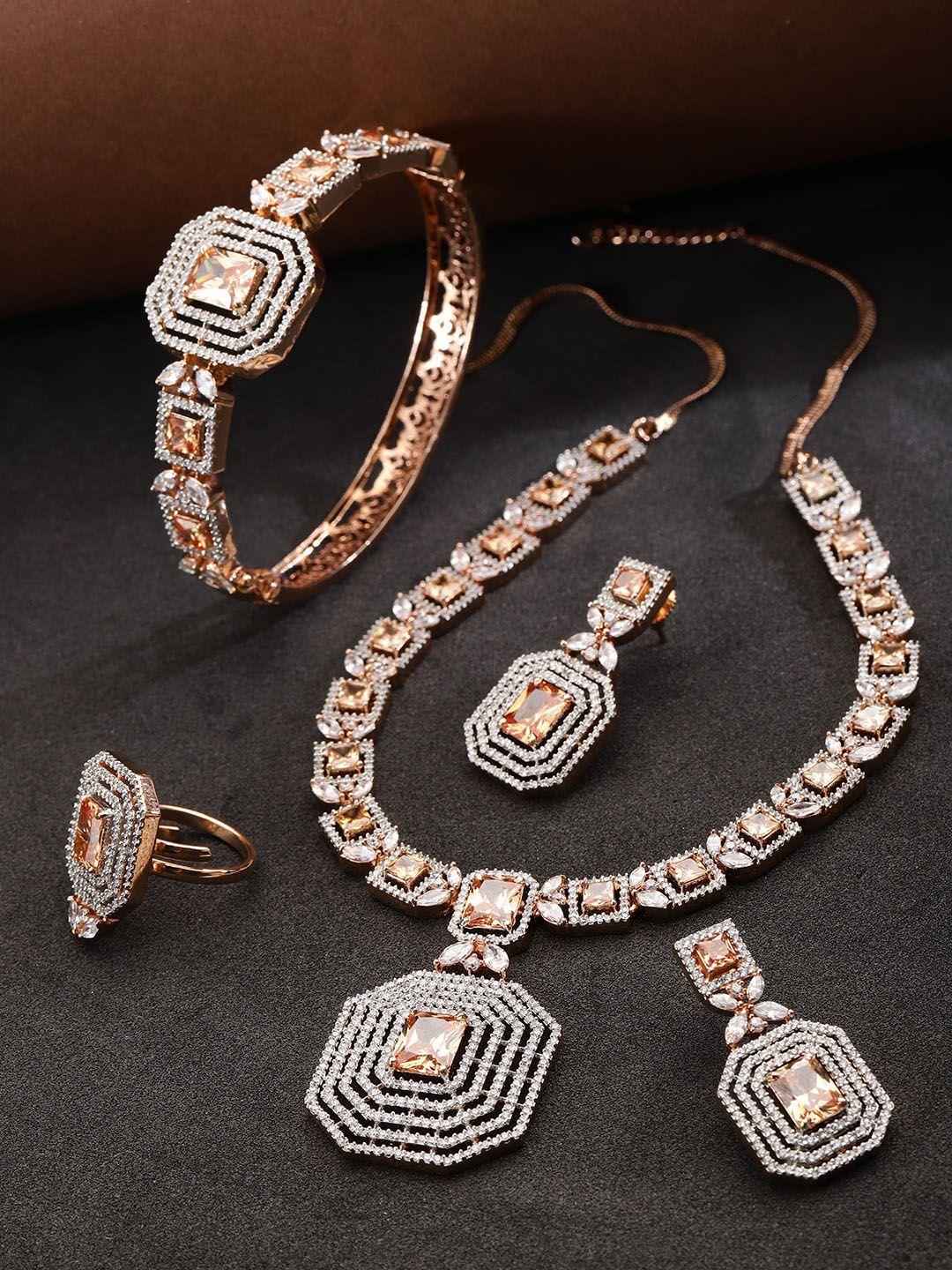 priyaasi rose gold-plated american diamond studded jewellery set