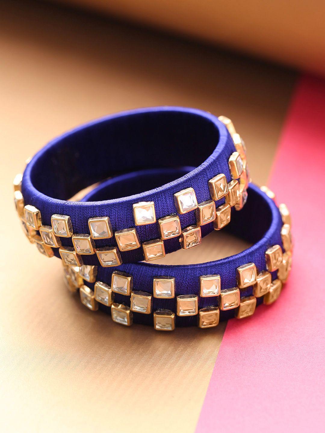 priyaasi set of 2 navy blue gold-plated kundan-studded handcrafted bangles