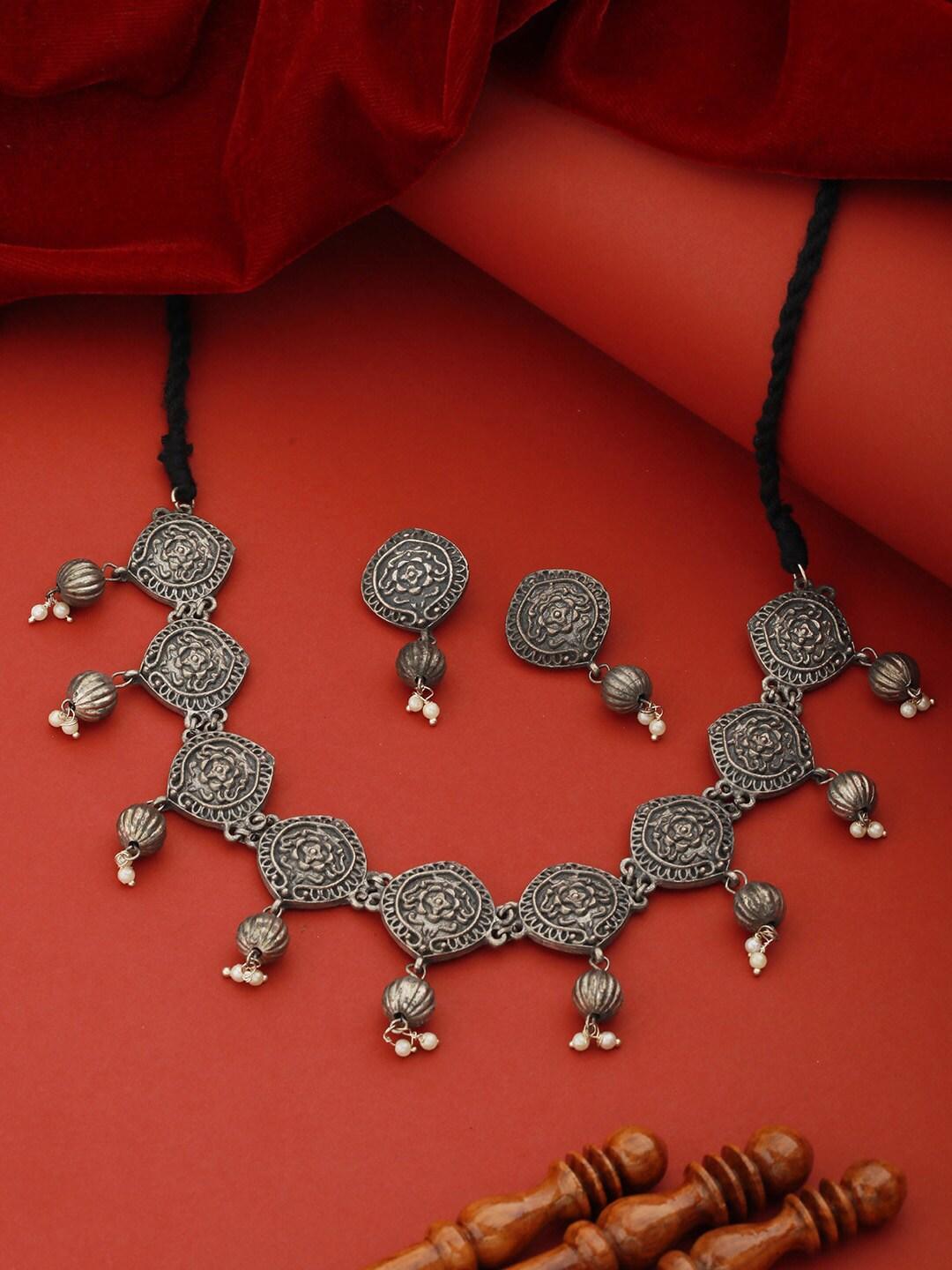 priyaasi silver-plated stone-studded & pearl beaded oxidised jewellery set