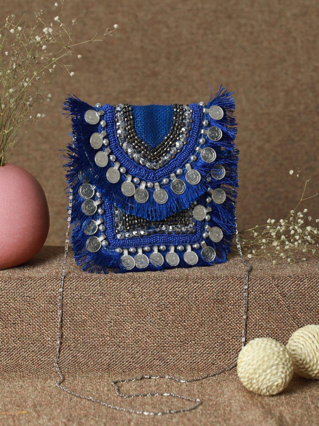 priyaasi blue embellished structured handheld bag with cut work