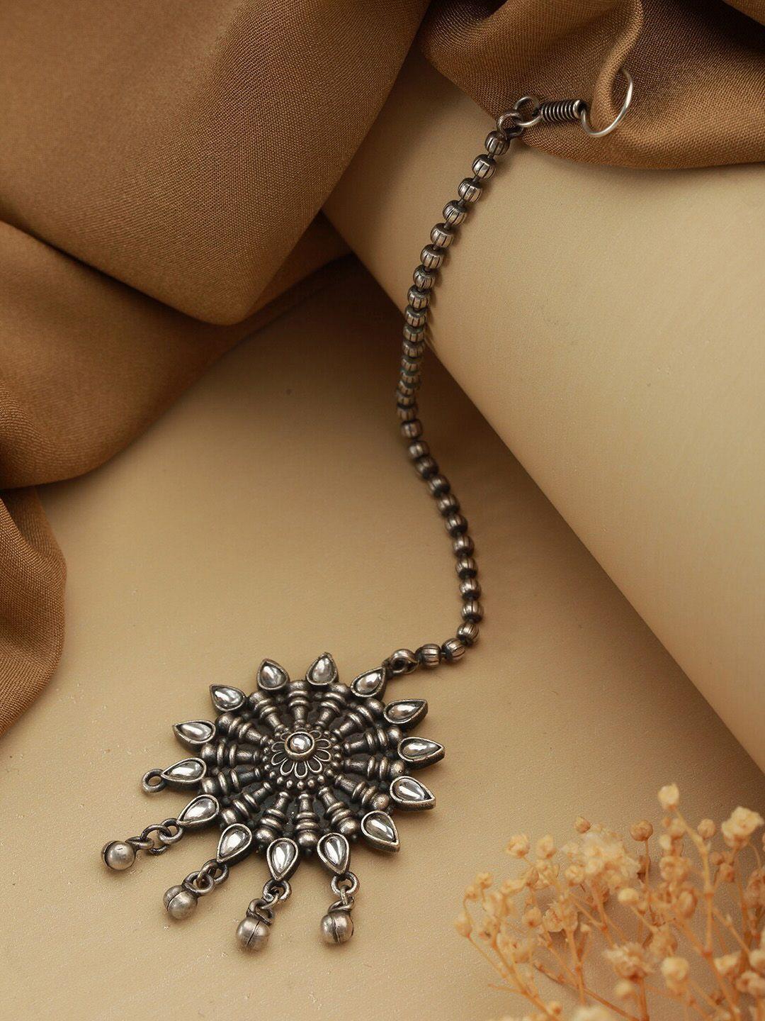 priyaasi german silver oxidised flower bell drop beaded maang tikka