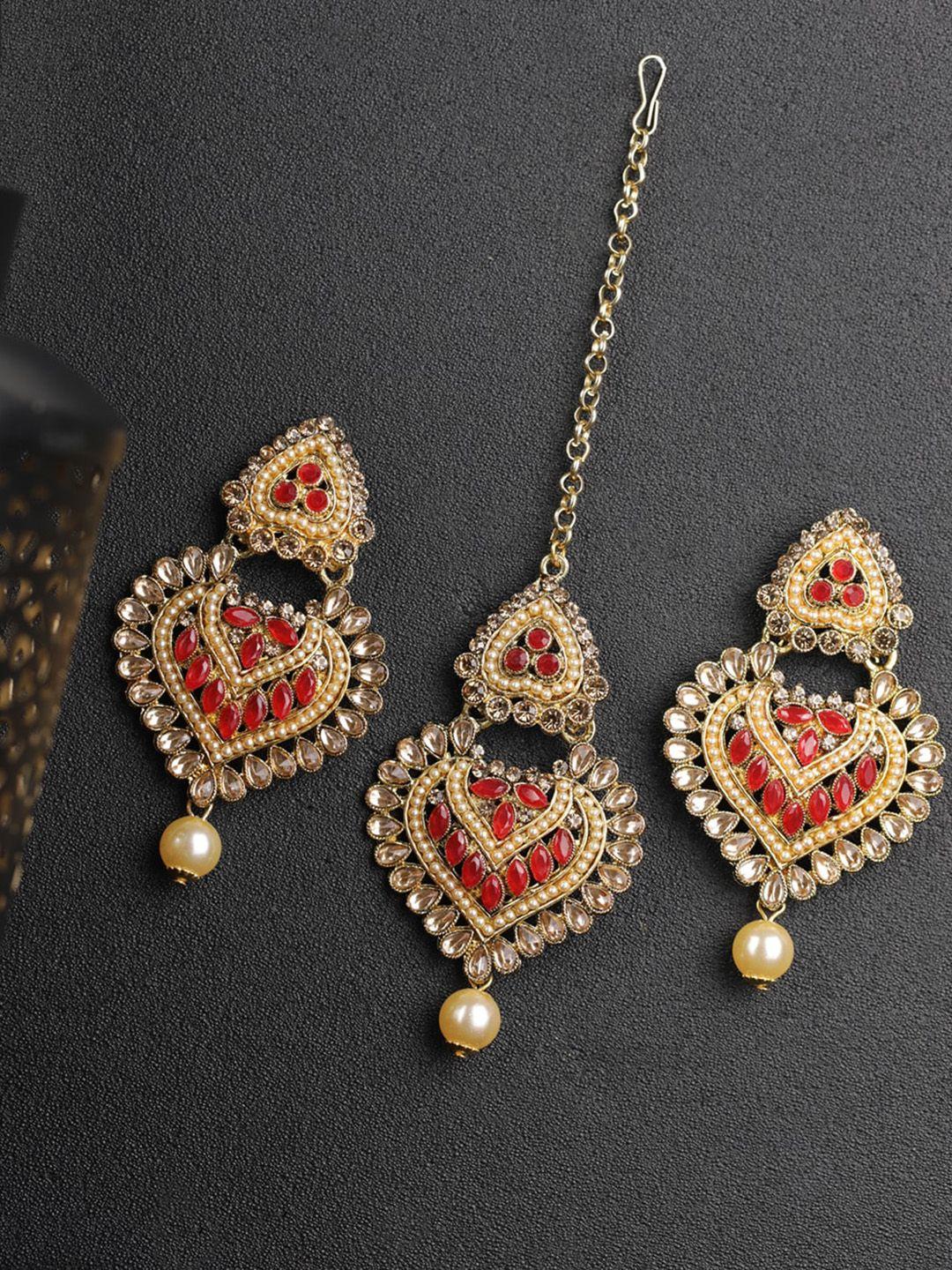 priyaasi gold-plated & red kundan stone-studded & beaded handcrafted maang tikka with earrings