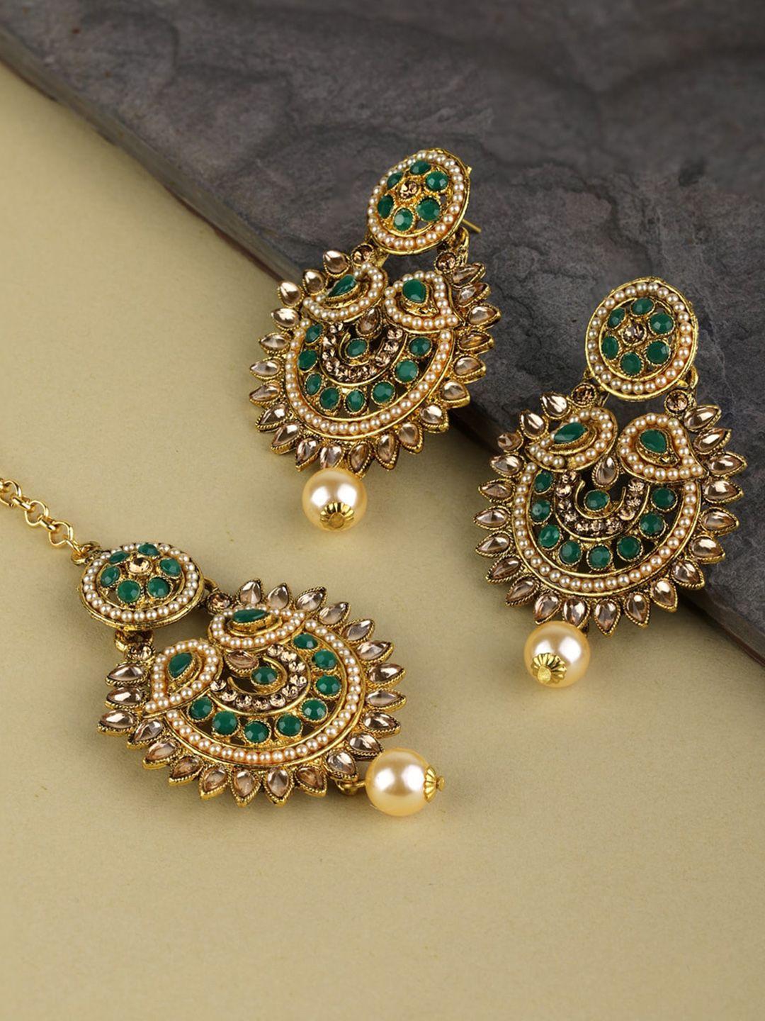 priyaasi gold-plated green beaded kundan stone studded maang tika & earring set