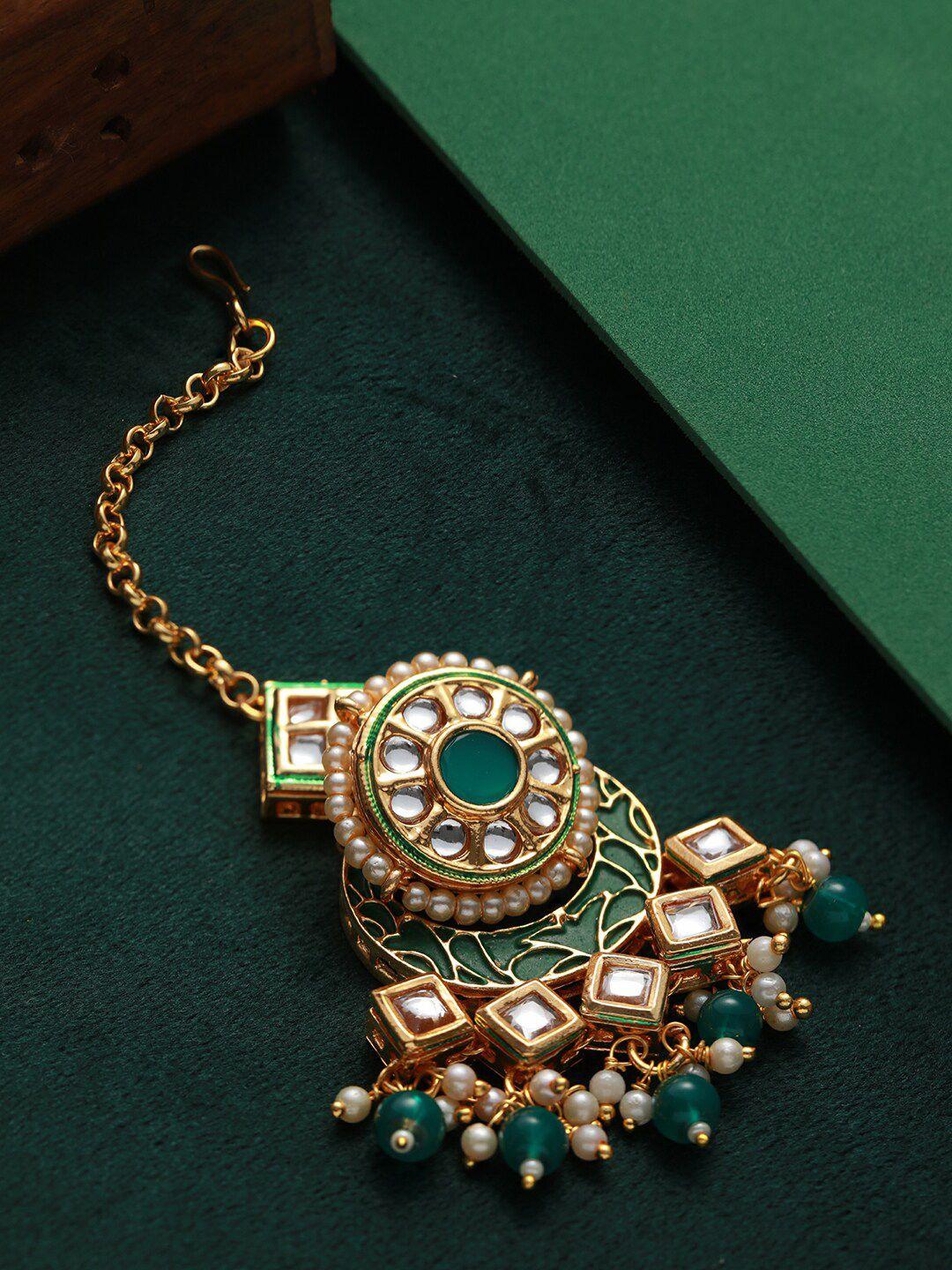 priyaasi gold-plated kundan-studded & pearl beaded maang tikka