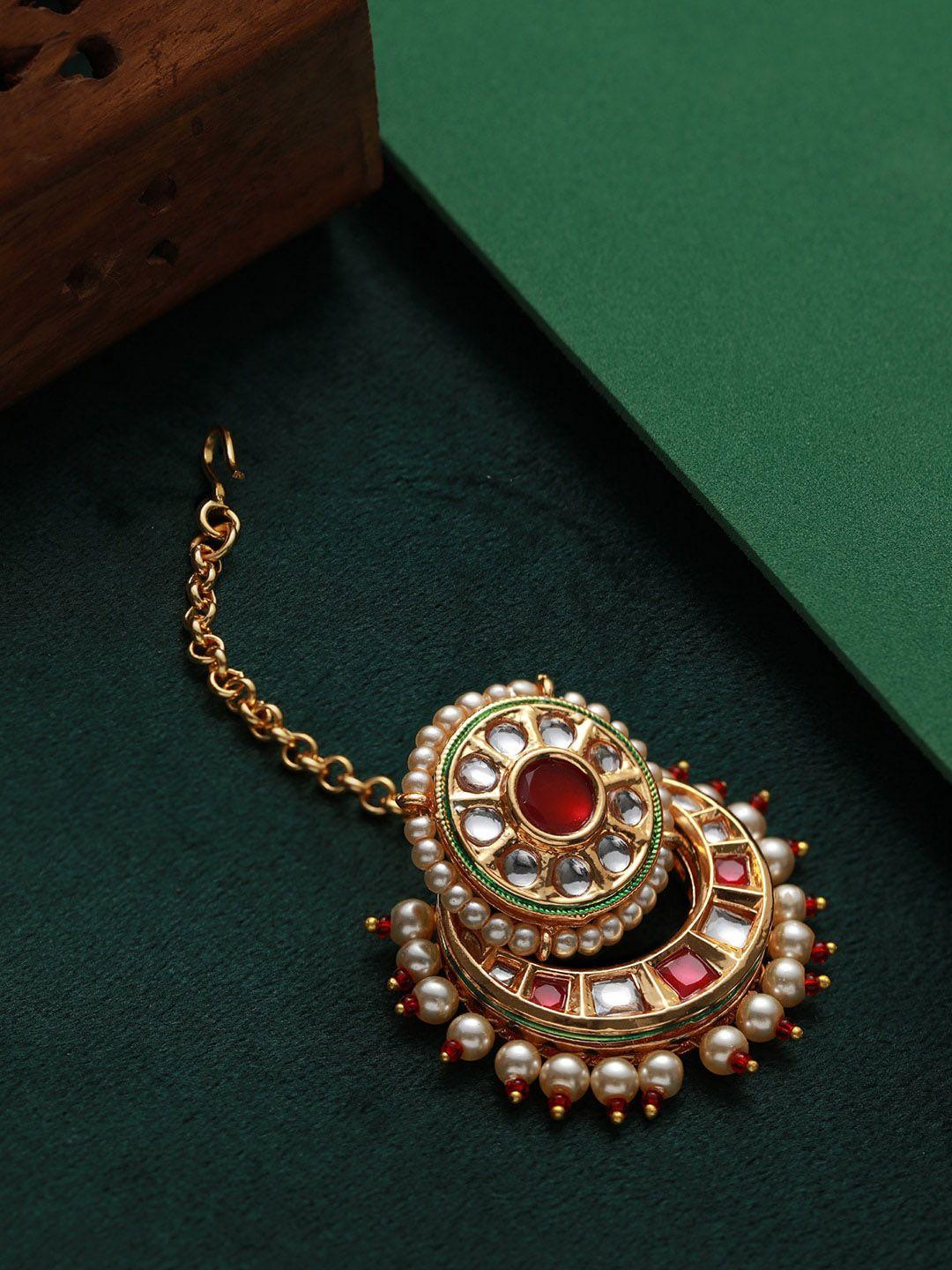 priyaasi gold-plated kundan-studded & pearl beaded maang tikka