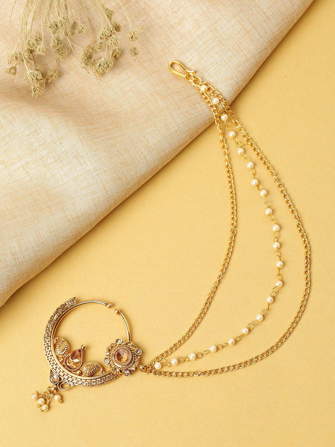 priyaasi gold-plated kundan-studded clip-on nosering with multistranded chain