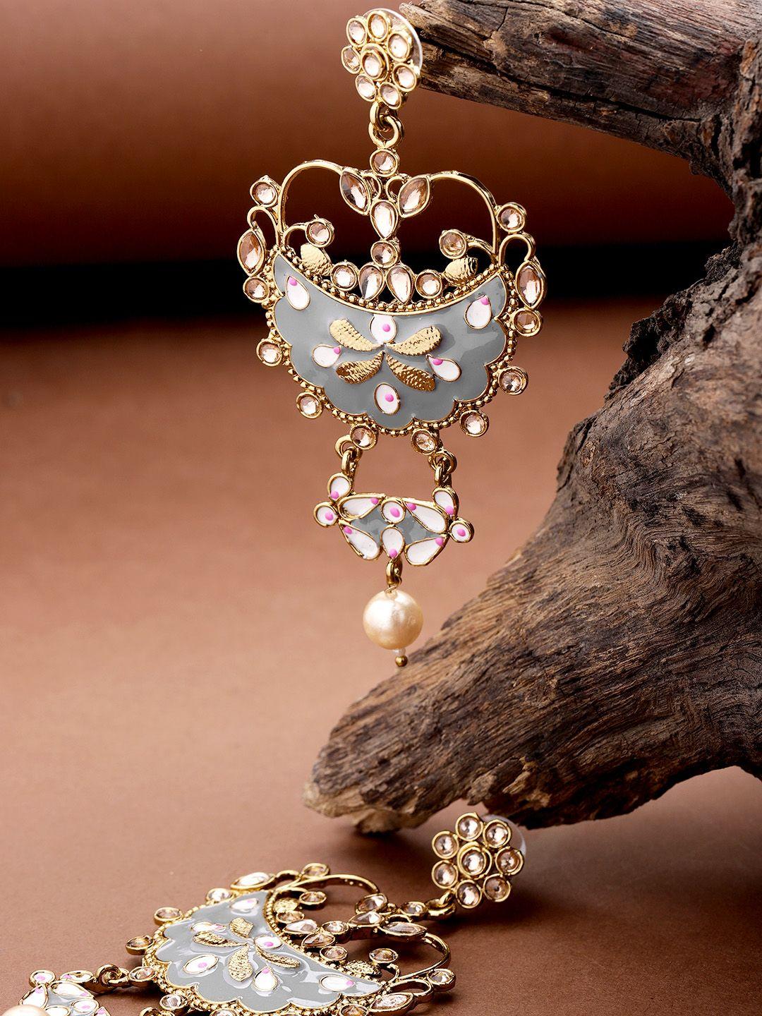 priyaasi grey gold-plated enamelled kundan-studded handcrafted classic drop earrings