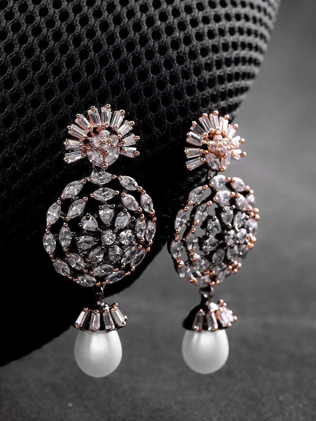 priyaasi gunmetal-toned & off-white gold-plated contemporary drop earrings