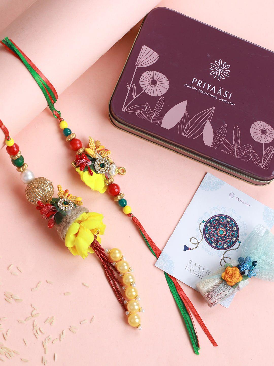 priyaasi pack of 2 flower beaded rakhi set with roli chawal & card